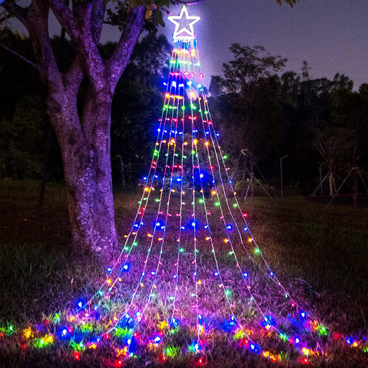 (New) Christmas Lights, Outdoor Christmas Decorations, 320 LED Waterfall String Lights, 8 Light Modes Chrsitmas Lights with 12" Star Tree Topper for Yard, Wedding, Party, New Year (Multicolor)